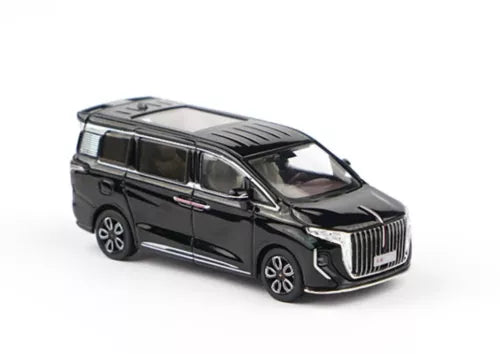 Black Hongqi HQ9 MPV diecast mini van model, front 3/4 view, detailed grille and wheels