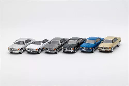 1:64 diecast model car set, six vehicles in silver, gray, black, blue, and beige