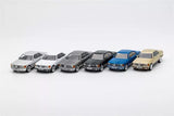 1:64 diecast model car set, six vehicles in silver, gray, black, blue, and beige