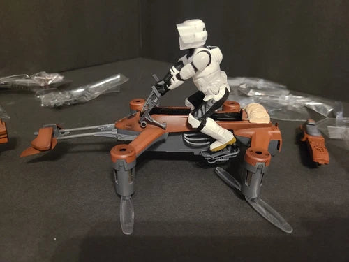 Orange quadcopter drone with white astronaut pilot figure and gray landing legs