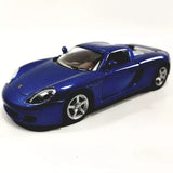 1/36 scale navy blue diecast coupe sports car with hardtop, front-left view