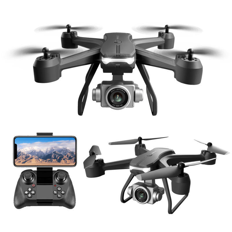 Mini quadcopter drone with front camera and handheld remote controller, dark gray