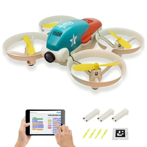 Teal toy drone with camera, four propellers, and tablet programming controller screen shown