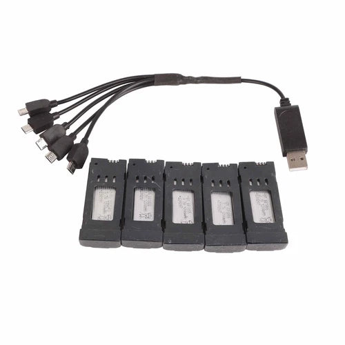 Portable drone battery charging dock with five slots, black cable and USB connector