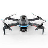 Electric quadcopter drone with 4 rotors and front camera module, gray