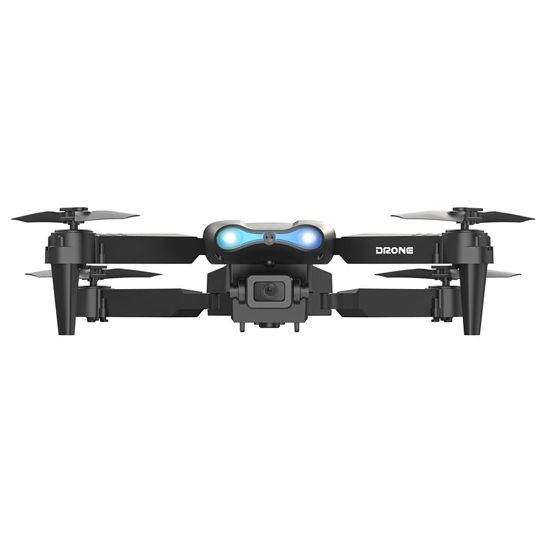 Folding quadcopter drone with front dual camera, blue lights, four rotors