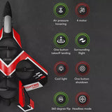 RC fixed-wing jet drone with red and black body, white accents