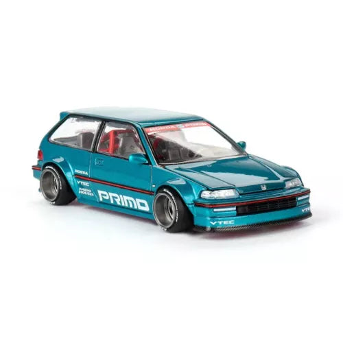 Teal diecast Honda Civic EF model car with PRINDO decals, front 3/4 view