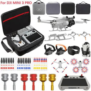 DJI Mini 3 Pro accessory set: black carrying bag with landing gear, prop guards, propellers