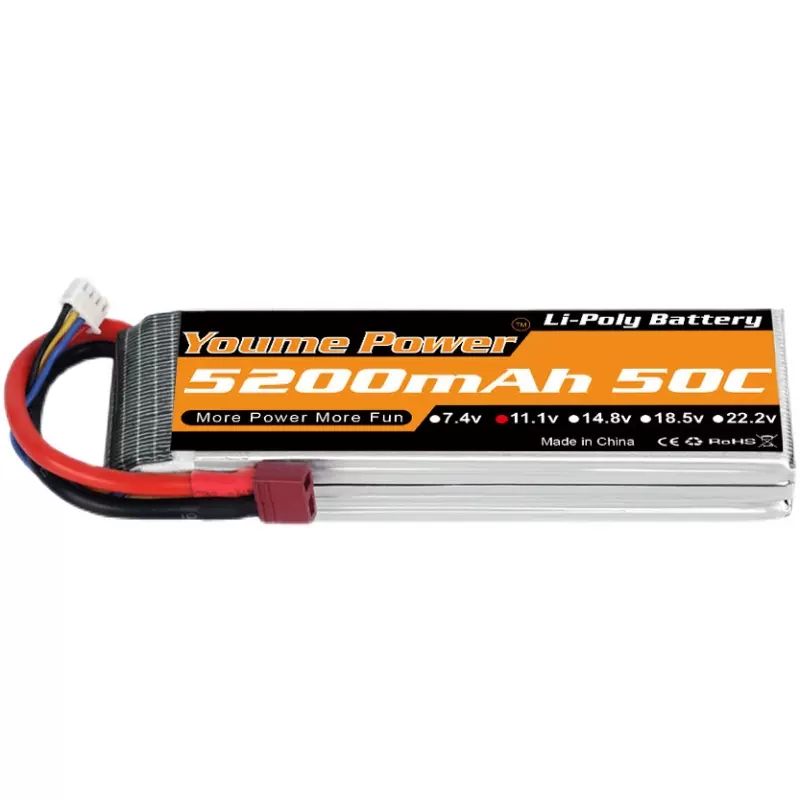 Li-Po battery pack with label Youme Power 5200mAh 50C and balance wires