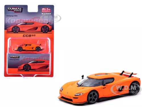 KOENIGSEGG CC850 orange 1:64 diecast model car, front 3/4 view
