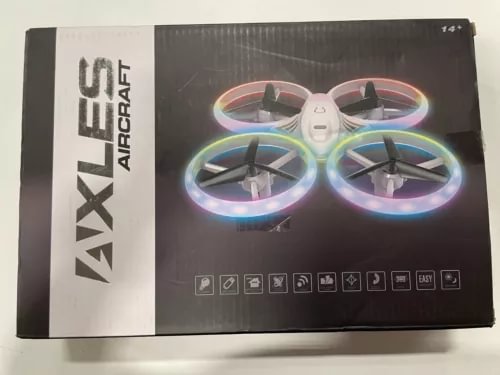 Kids quadcopter drone box with LED ring lights and controller icons