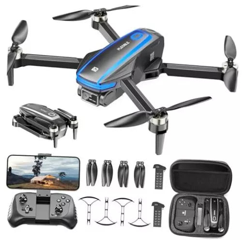 Black brushless camera drone with propellers, controller, remote, and carrying case kit