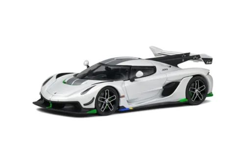 White and green Koenigsegg Jesko diecast model car, front three-quarter view