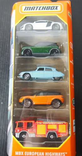 Matchbox MBX diecast car 5-pack in retail box with five visible vehicles