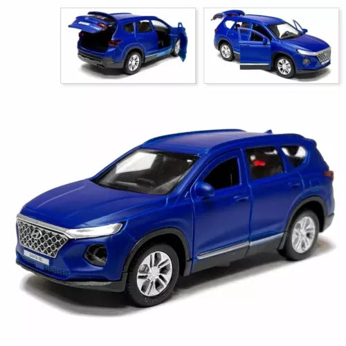 Blue diecast SUV model car with detailed grille and chrome trim