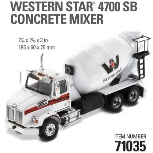 Diecast concrete mixer truck with white cab and red stripe, gray drum, Western Star logo