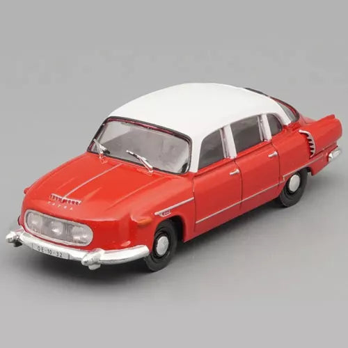 Red and white diecast model car with chrome bumper, 3/4 front view