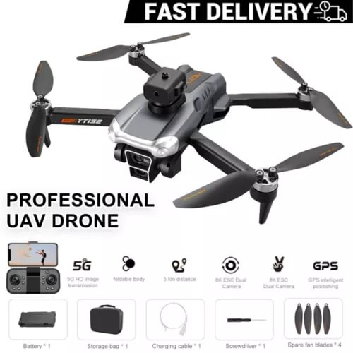 Triple-camera drone with GPS, foldable black propellers and dark gray body