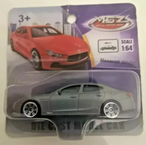 Gray diecast sedan car with silver wheels, side view, 1:64 scale.