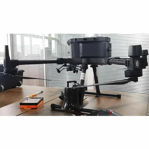 Drone-mounted wireless megaphone speaker system with dual horn, black and gray