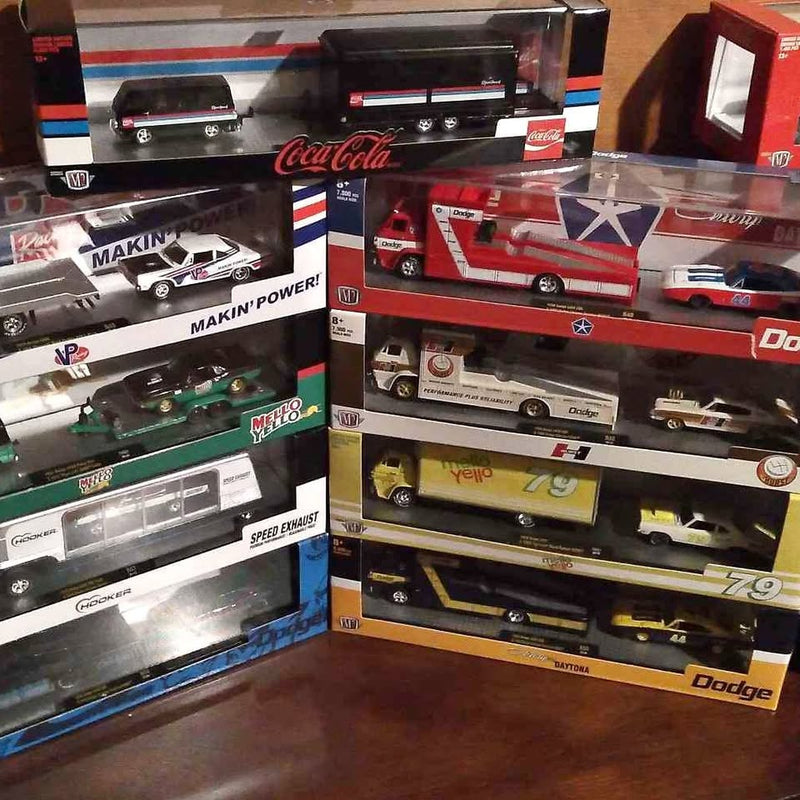 Diecast Dodge Haulers toy truck set in retail box, with red Coca-Cola truck