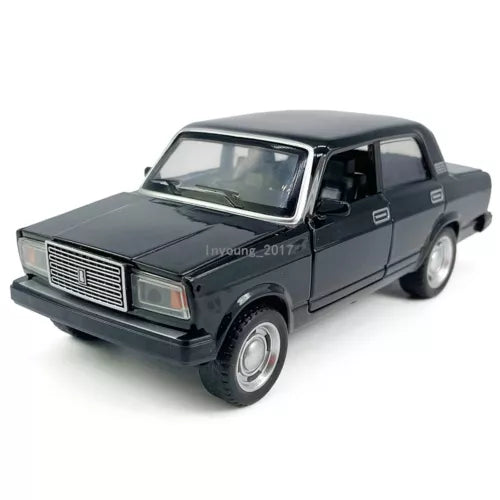 1:32 diecast model car, dark gray Lada VAZ sedan, front 3/4 view
