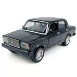 1:32 diecast model car, dark gray Lada VAZ sedan, front 3/4 view