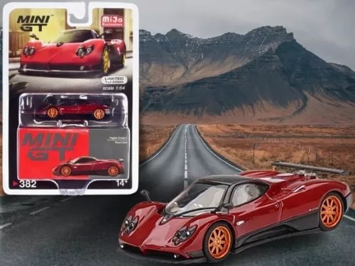 Red Pagani Zonda F diecast model car with display box, front three-quarter view