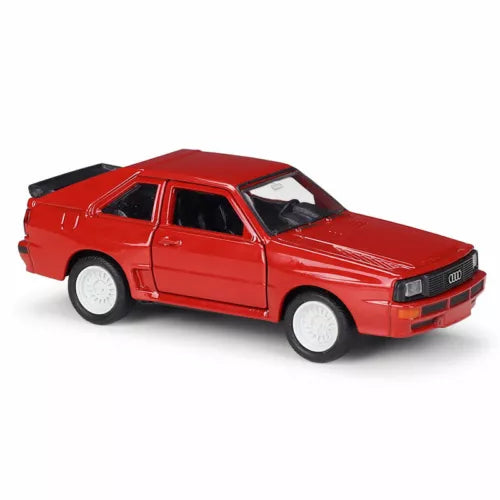Audi Sport Quattro diecast model car, red side view, pull back toy