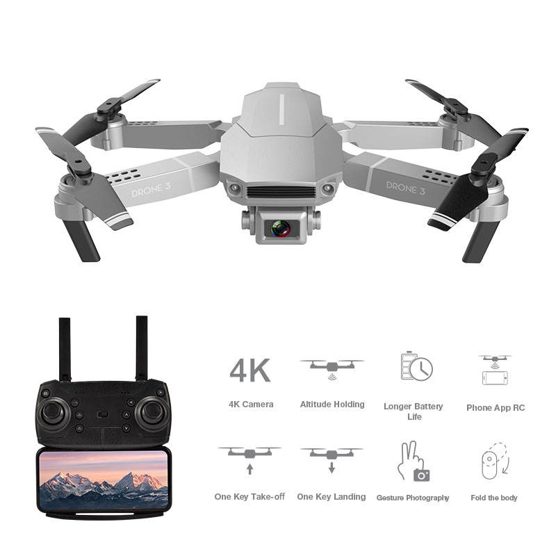 Folding quadcopter drone with 4K camera and remote controller with display.