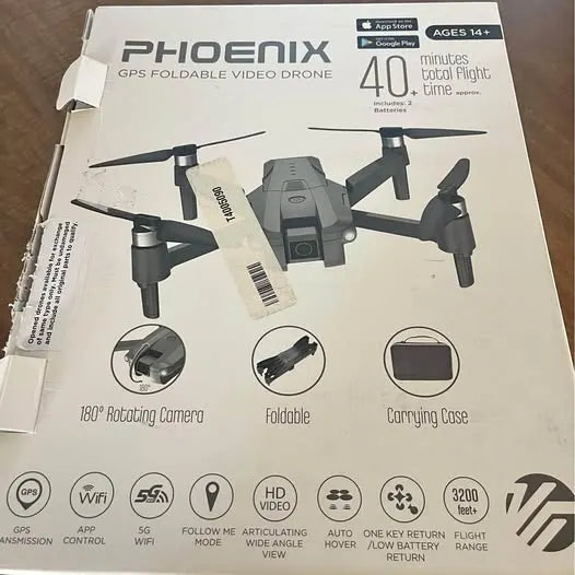 Phoenix GPS foldable video drone retail box with drone illustration