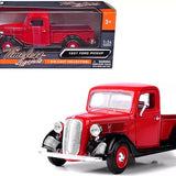 Red 1937 Ford pickup die-cast truck with chrome grille and black tires, front 3/4 view