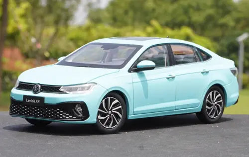 1:18 diecast Volkswagen Lavida XR model car, cyan front 3/4 view with black wheels