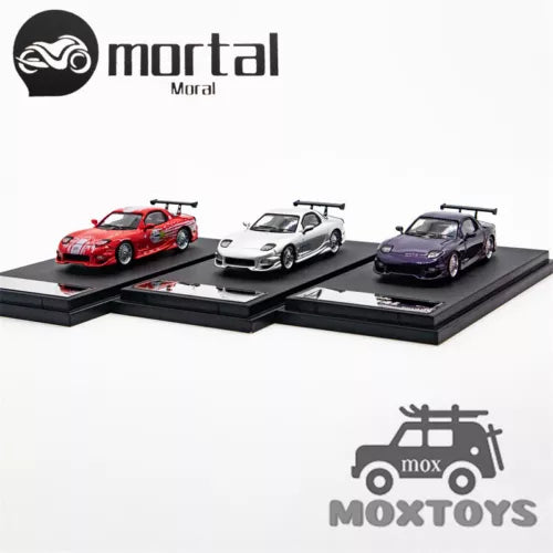 1:64 diecast RX7 model car set with red, white, and purple cars on black bases
