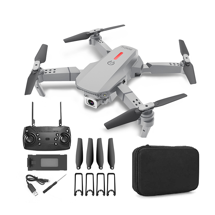 Foldable quadcopter drone with 4-blade rotors, controller, antennas, charger, case bag