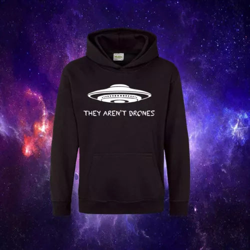 Black hoodie with UFO graphic and text 'They aren't drones', front view