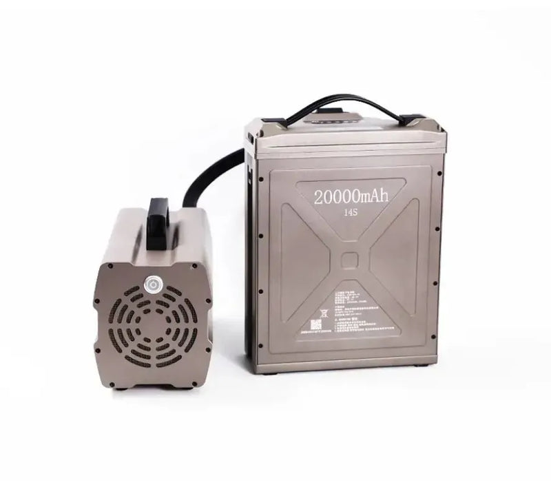 Smart battery charger with metal case, carry handle, and cooling fan; 20000mAh