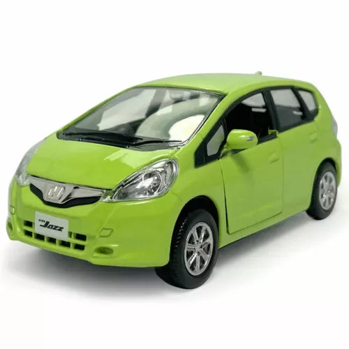 Green diecast toy model car with Honda Jazz front 3/4 view