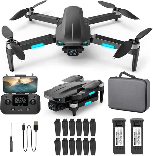 Foldable quadcopter drone with built-in camera, remote controller, case, spare propellers, batteries