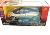 Diecast model car in box with clear window, blue and white sports car, scale 1/38