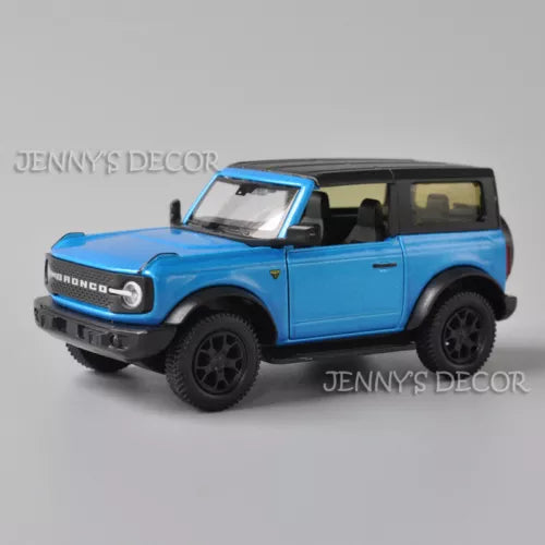 1:36 Ford Bronco diecast model car, hard roof, light blue with black wheels