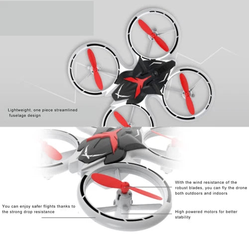 Mini kids drone with four propellers, black and red body, LED lights