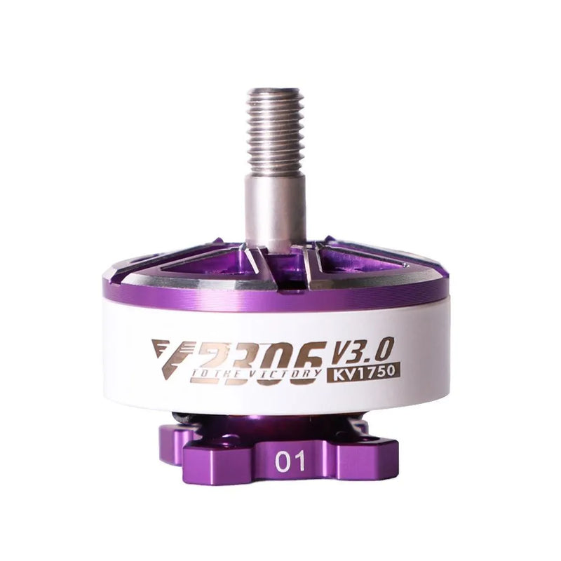 BLDC drone motor with threaded shaft, purple aluminum mount and V3.0 label