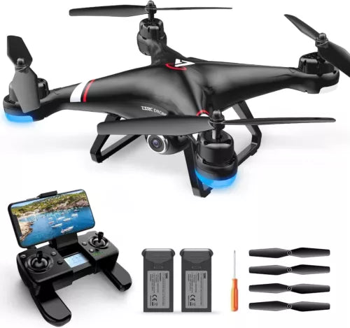 Black GPS drone with 1080P camera, compact controller, spare batteries and propellers