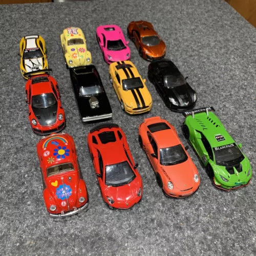 Set of 12 diecast pull-back toy cars in assorted colors