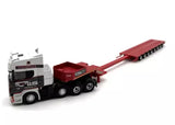Diecast low load trailer truck model with white cab and red flatbed, multi-axle