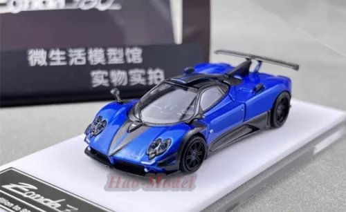 1/64 diecast alloy sports car model, blue with black wheels and silver details on display base