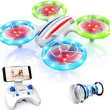 White LED mini RC quadcopter with colorful ring lights, shown with controller and phone mount