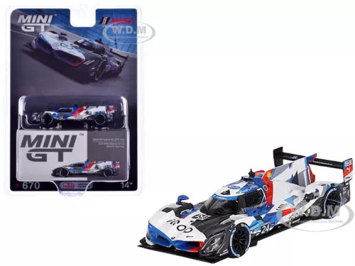 Mini GT 1/64 diecast race car model with BMW M livery, in blister packaging